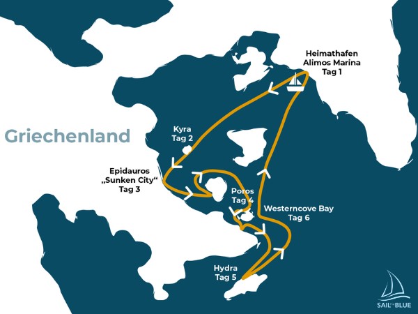 Karte unserer Segelroute in Griechenland mit der Peloponnes