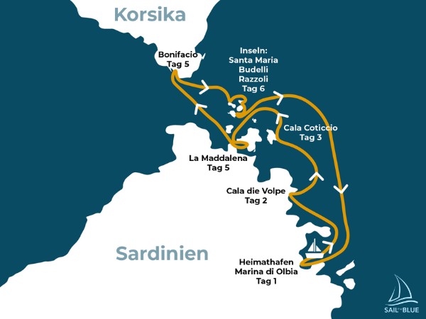 Karte unserer Segelroute von Korsika nach Sardinien