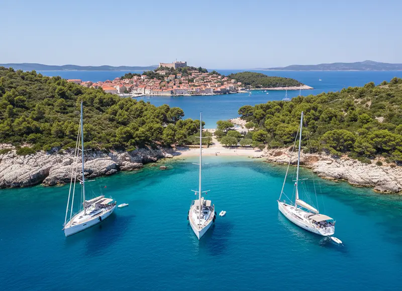 Segelyachten ankern vor der Insel Hvar beim Mitsegeln in Kroatien
