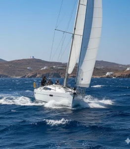 Segelyacht segelt bei stärkerem Wind durch die Kykladen